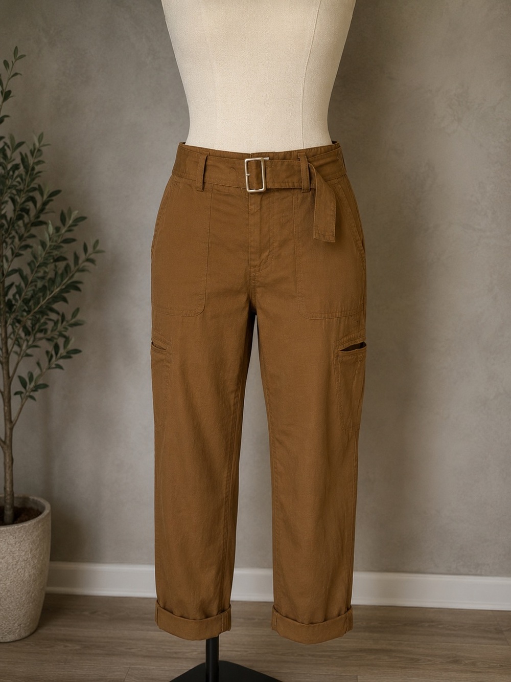 VINCE Linen Blend Cargo Brown Utility Belted Boho Indie Cropped Cuffed  Pants L